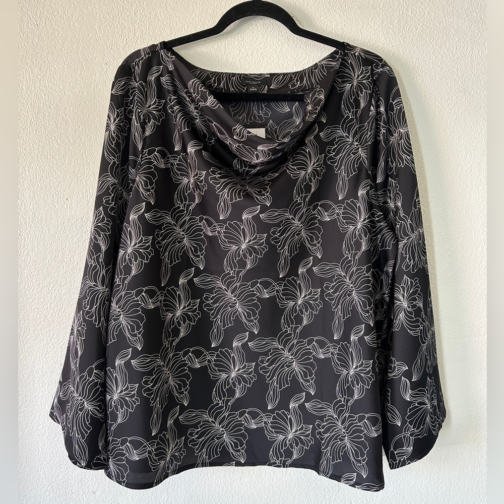 Ann Taylor Factory Black Floral Print Cowl Neck Blouse NWT